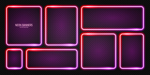 Wall Mural - glowing neon banners, illuminated colorful square frames. shiny vibrant border, glow effect. red vin