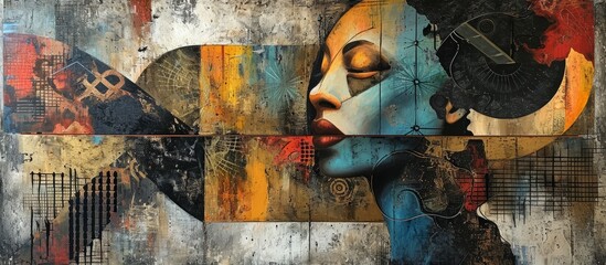 Wall Mural - A painting of a womans face with a heart in the background, created using photomontage techniques. The artwork combines visual arts with a touch of history and music inspiration