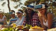 group of young people of different ethnicities on a picnic with virtual reality glasses in a park during the day in high resolution and high quality. innovative picnic concept,field