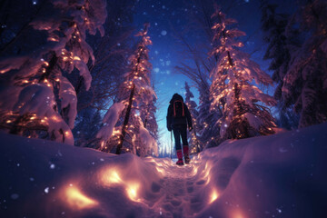 Wall Mural - person snowshoeing through winter wonderland with christmas tree in background.