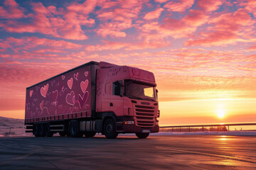 An up-to-date, pink long-haul truck beautifully decorated with hearts, evoking the romantic spirit of Valentine's Day