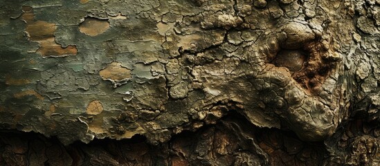 Wall Mural - A close up of a tree trunk with a hollow cavity, showcasing the interplay between wood, soil, and the terrestrial plant in the landscape