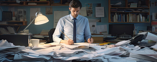 Man in office with a big pile of white papers on table.