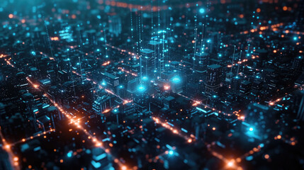 Wall Mural - Network in dark smart city, aerial view of modern buildings with communication lines at night, abstract energy lights on cityscape background. Concept of connect, iot, future, technology