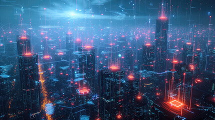 Wall Mural - Network in neon smart city, aerial view of modern buildings with communication lines at night, abstract energy lights on cityscape background. Concept of connect, iot, future, technology.