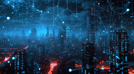 Wall Mural - Network in dark smart city, modern buildings with communication lines at night, abstract lights on cityscape background. Concept of connect, iot, future, digital technology.