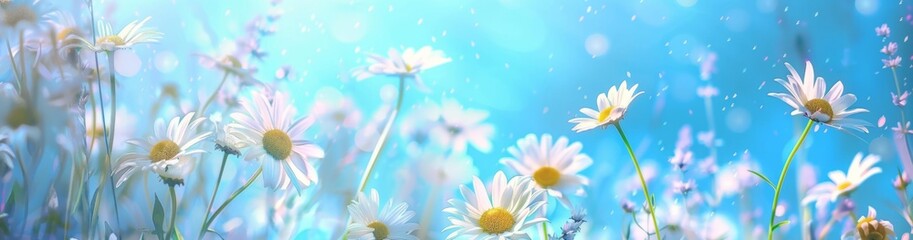 Wall Mural - the blue sky and beautiful white daisies is shown in the background Generative AI