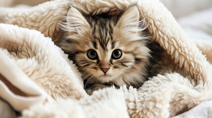 Sticker - A fluffy kitten with big, round eyes, curled up in a cozy blanket. Generative Ai