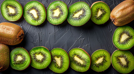 frame of kiwi fruit slices on black  background with copy space