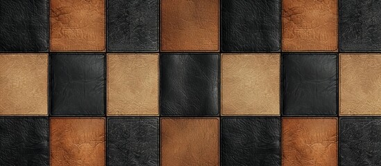 Poster - A detailed closeup of a symmetrical pattern on a wall, featuring brown and black checkered rectangles resembling tile flooring or wood flooring art