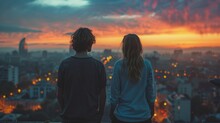 Couple On Balcony Looking At City At Night