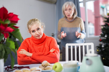 Wall Mural - Mature woman scolds her adult daughter, who came to visit her before Christmas, pointing out her shortcomings