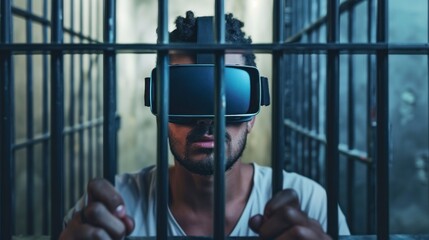 Poster - man imprisoned in a jail with virtual reality glasses