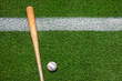 Baseball and wooden bat on grass field with white stripe overhead view
