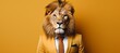 Friendly lion in business suit pretending to work in corporate setting, studio shot with copy space