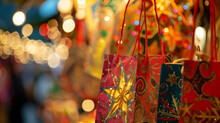 In A Festive Holiday Market, A Closeup View Of Two Shopping Bags.