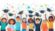 University graduation celebration. Group of cheerful student throwing graduation hats in the air celebrating, education concept with students celebrate success with hats and certificates.