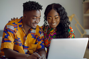 Happy Black Couple in Front of Laptop Working Paying Bills Filing Taxes