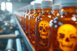 Plastic poison bottles containing an orange liquid, with a skull symbol illustration for toxic products.