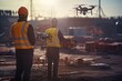 Engineer using drone inspection drone Construction site inspectors are supervised by civil engineers.