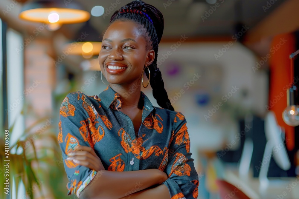 Beautiful young African professional woman happy in office with arms ...