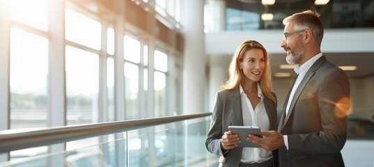 Poster - Cheerful business professionals discussing work on a tablet in a modern office setting