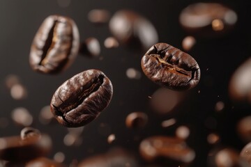 Wall Mural - Levitating roasted coffee beans on dark background with copy space for text placement