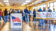 Vote booth at a busy polling station, USA Election Day, wide, copyspace, blurred background