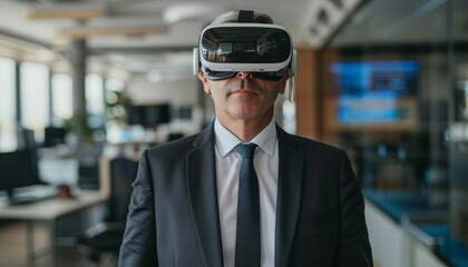 Poster - Young businessman using vr glasses in startup office for metaverse online meeting