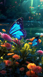 Fototapeta Pokój dzieciecy - Colorful butterfly beauty plant water hibiscus red tropical frangipani spa stones Beautiful pink water lily flower made rose water splashed light emanating floating macro Photography Generative Ai