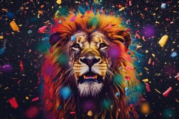  lion surrounded by colorful confetti