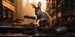 A rabbit sitting on a rail in a city. Generative AI.