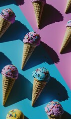 Poster - Colorful ice cream cones on a colorful background. Generative AI.