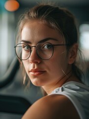 Canvas Print - A woman wearing glasses in a gym. Generative AI.