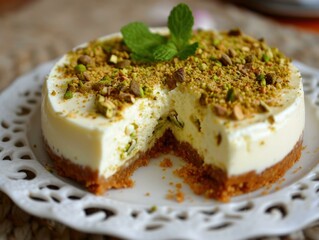 Wall Mural - A cheesecake with pistachios and mint leaves. Generative AI.