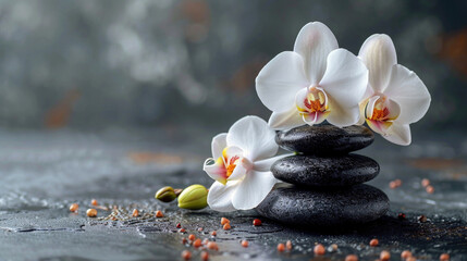 Wall Mural - White orchid flowers and black stones, spa concept