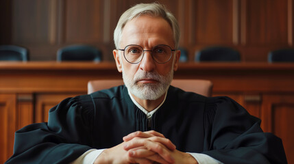 A person wearing the traditional black robe of a judge sits solemnly in a courtroom, symbolizing law and order and the justice system. Ai generative