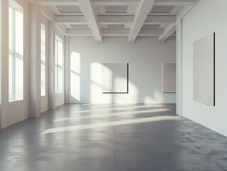  An empty gallery interior with framed art on walls and light streaming in through windows. Ai generative illustration