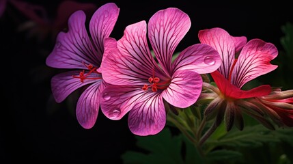 Poster - Vibrant pink geranium flowers against a dark background, highlighting the delicate petals and red stamens.