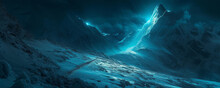 A Bright Light Illuminates The Pathway Across A Snowy Mountain, Featuring Conceptual Light Sculptures In Dark Azure And Cyan, With Dynamic Line Work.