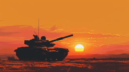 A tank is shown in the desert, featuring chiaroscuro contrasts, traditional Vietnamese elements, silhouette lighting, and symbolic figurative landscapes in an Italian landscape style.