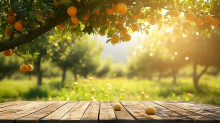 Sticker - Tree Table wood Podium in farm display for food, perfume, and other products on nature background, Table in farm with orange tree and grass, Sunlight at morning