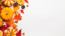 Autumn Composition Dried Leaves Pumpkins Flowers Rowan Berries On White Background