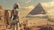 Robot amidst Egyptian ruins sand swirling pyramids towering behind an ancient future