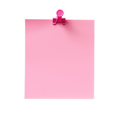 Pink post note paper sheet with paper clip isolated on transparent background, cut out, png