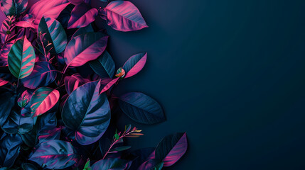 Wall Mural - leaves in neon colors on a dark background with copy space