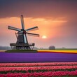 A traditional Dutch windmill standing tall in a field of colorful tulips1