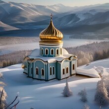 A Traditional Russian Onion Dome Church Against A Backdrop Of Snow-covered Mountains5