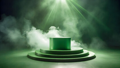 Wall Mural - A green podium with smoke, illuminated by spotlights, creating a dramatic ambiance. An empty pedestal ready for an award ceremony or presentation.