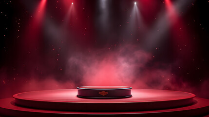 Wall Mural - A red podium with smoke, illuminated by spotlights, creating a dramatic ambiance. An empty pedestal ready for an award ceremony or presentation.